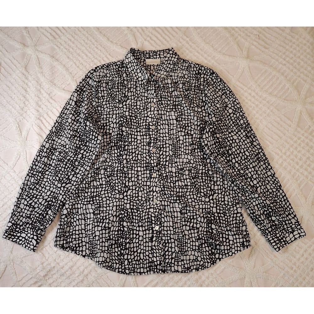 Chico's‎ 2 Womens Large Button Up Blouse Black White Long Sleeve Shirt Top
